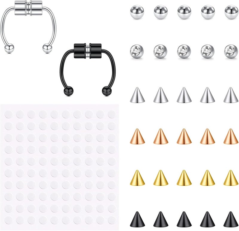 JFORYOU Fake Eyebrow Ring Fake Lip Labret Studs Replacement Balls Spike with 100pcs Sticker Non-Piercing Body Jewelry Fake Skin Piercing - Image 1